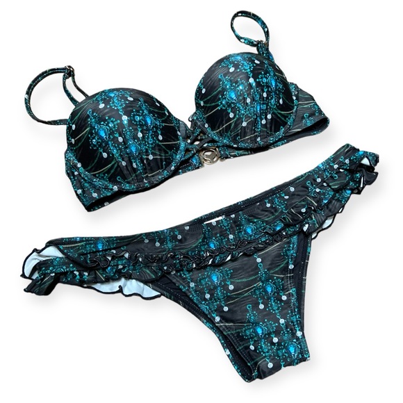 Lisa Blue Call of the Whale Bikini Set Swimsuit Bejeweled Teal Blue and Black - Picture 2 of 7